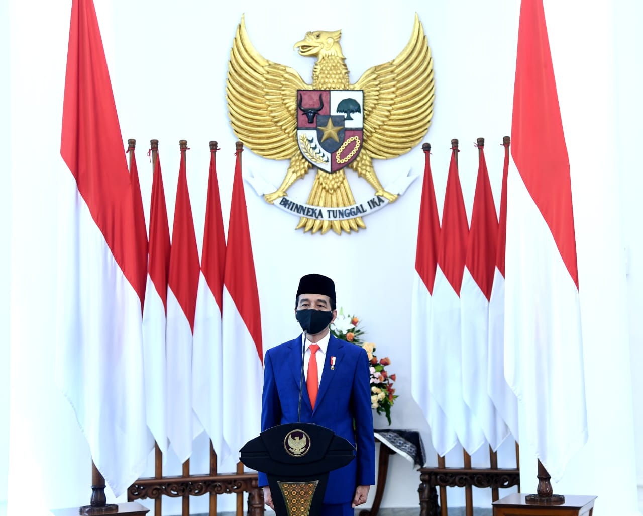 Presiden Joko Widodo saat memperingati Hari Lahir Pancasila yang pada kali ini digelar melalui telekonferensi dari Ruang Garuda, Istana Kepresidenan Bogor, Jawa Barat, pada Senin, 1 Juni 2020