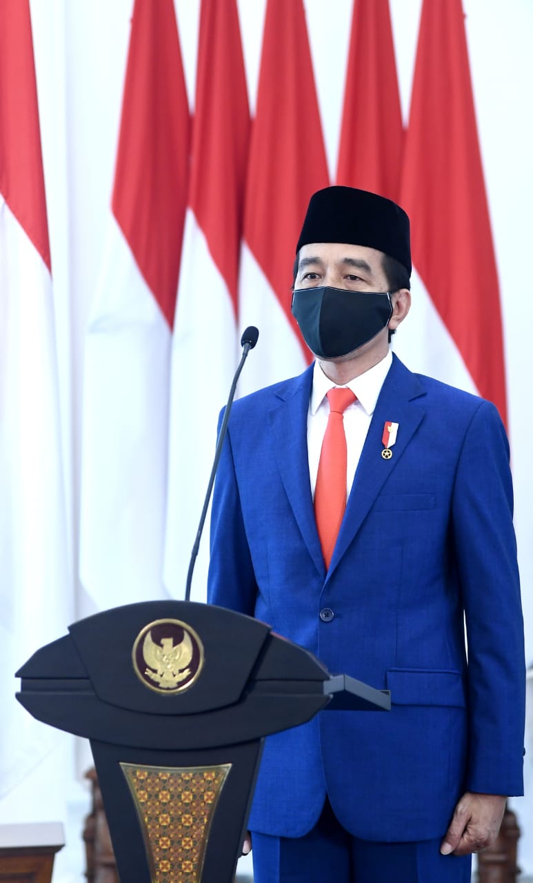 Presiden Joko Widodo saat memperingati Hari Lahir Pancasila yang pada kali ini digelar melalui telekonferensi dari Ruang Garuda, Istana Kepresidenan Bogor, Jawa Barat, pada Senin, 1 Juni 2020