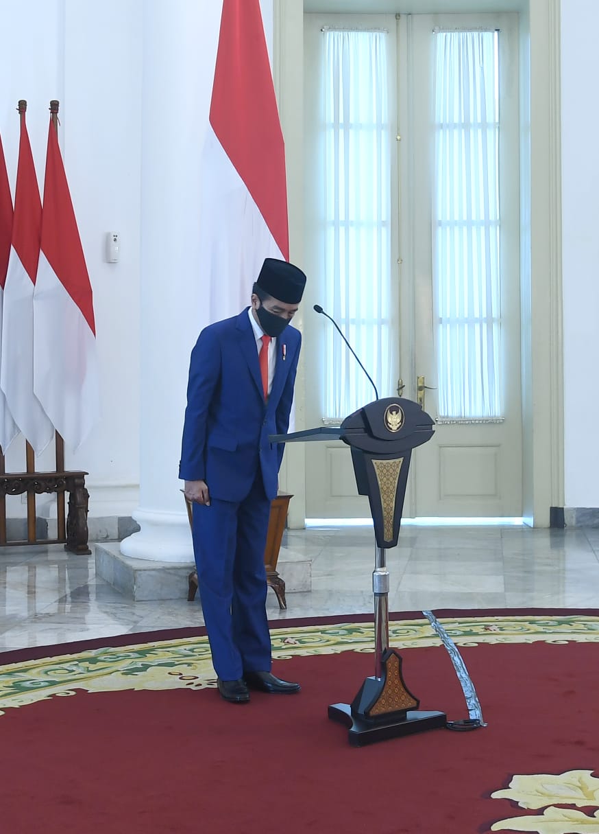 Presiden Joko Widodo saat memperingati Hari Lahir Pancasila yang pada kali ini digelar melalui telekonferensi dari Ruang Garuda, Istana Kepresidenan Bogor, Jawa Barat, pada Senin, 1 Juni 2020