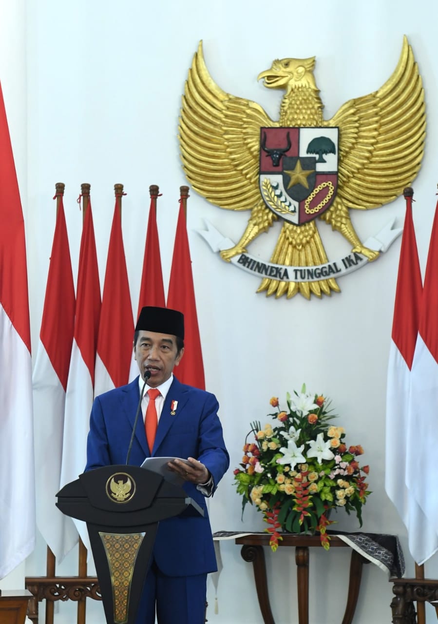 Presiden Joko Widodo saat memperingati Hari Lahir Pancasila yang pada kali ini digelar melalui telekonferensi dari Ruang Garuda, Istana Kepresidenan Bogor, Jawa Barat, pada Senin, 1 Juni 2020
